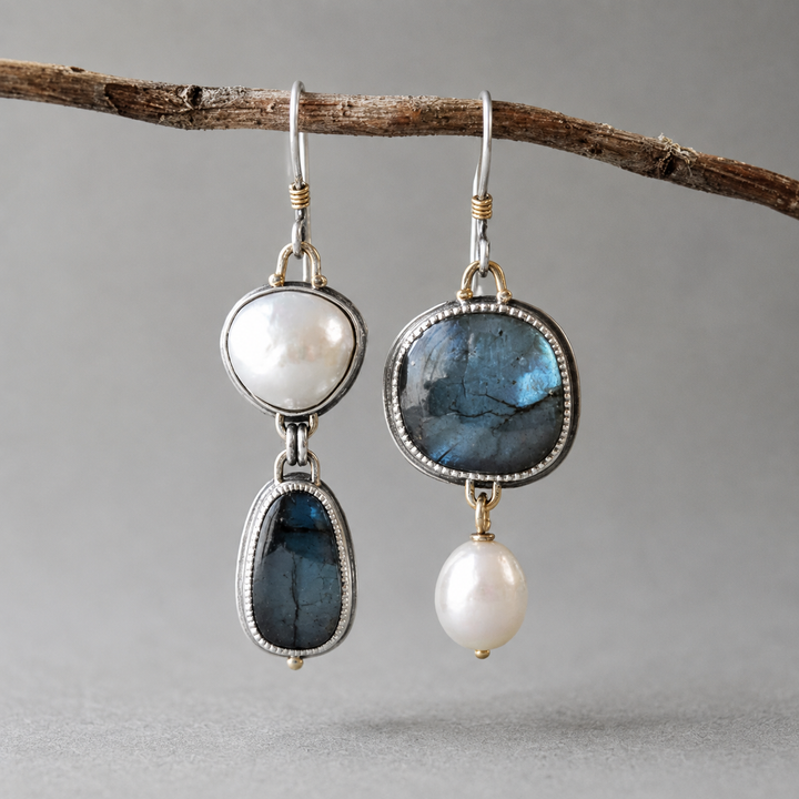 Pendientes vintage de piedra azul con perlas
