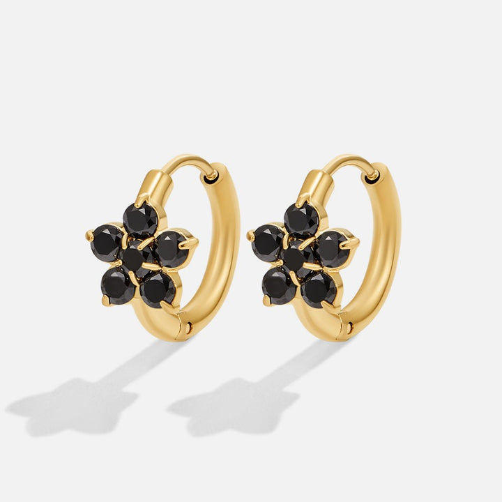 Pendientes de aro florales negros de cristal