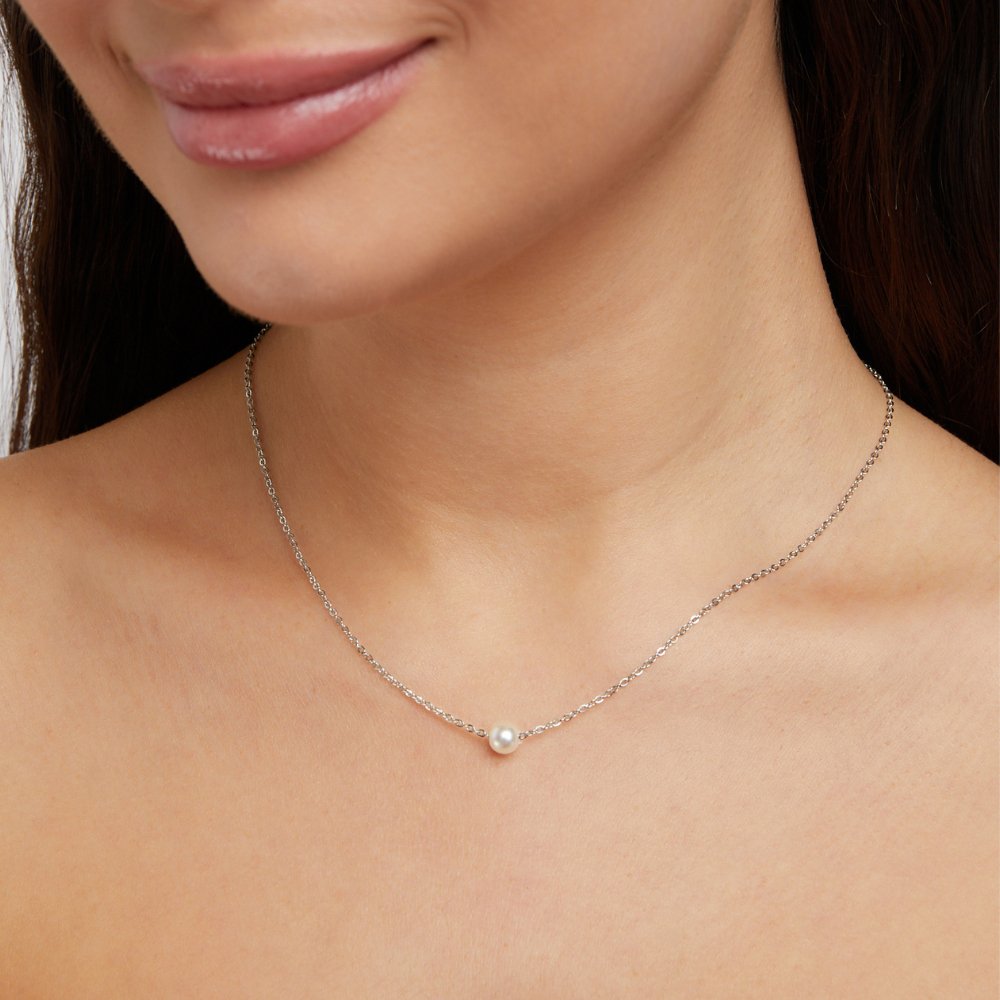 Collar plateado Solitaire con perla